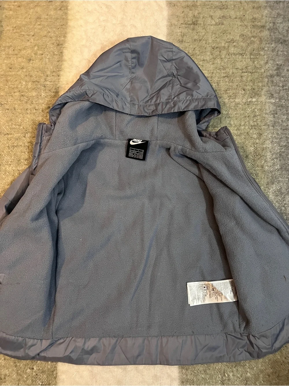 Nike Kids Gray Hooded Rain Jacket with Fleece Lining